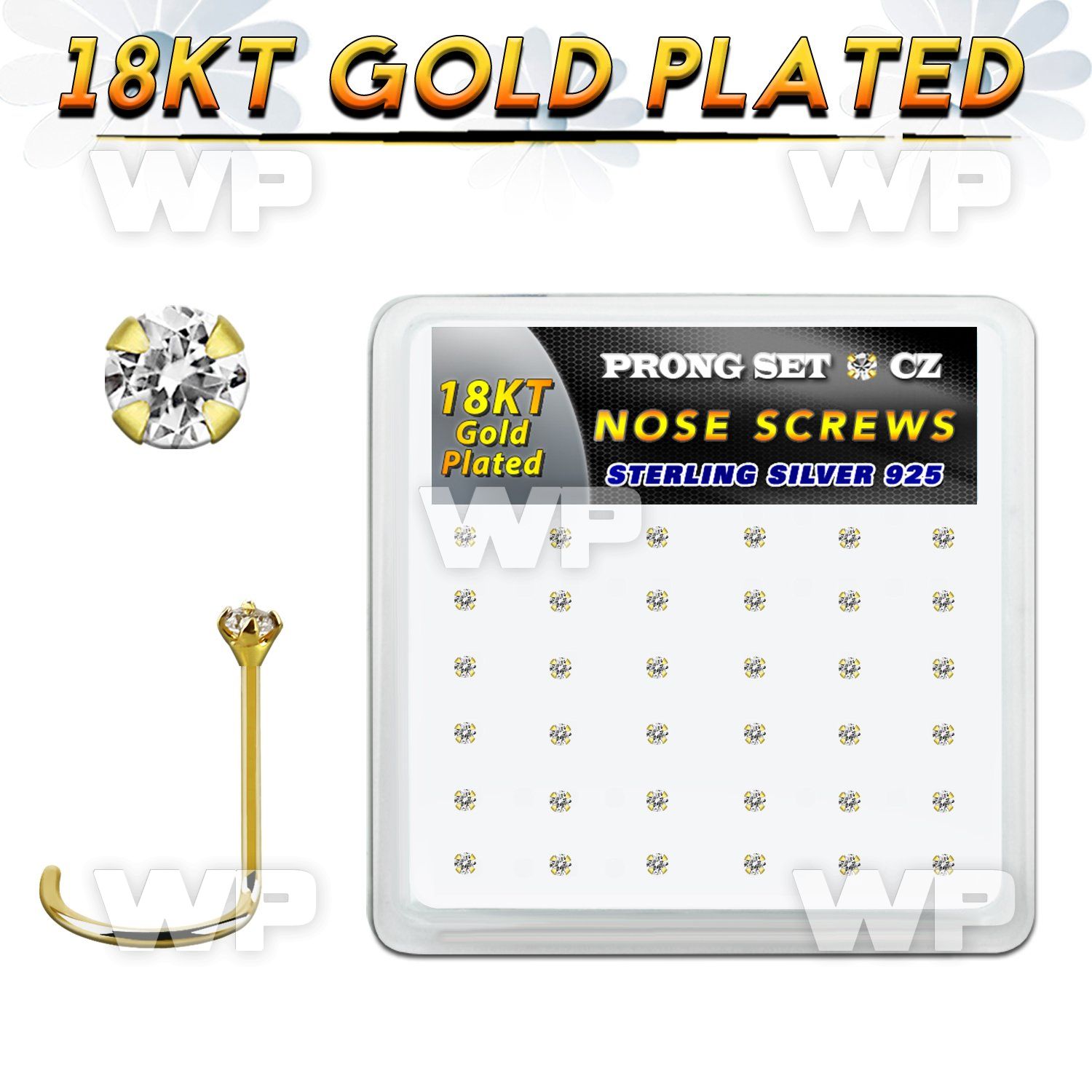 18nwzbc box 36 gold plated silver nose screw w 1.5mm clear cz