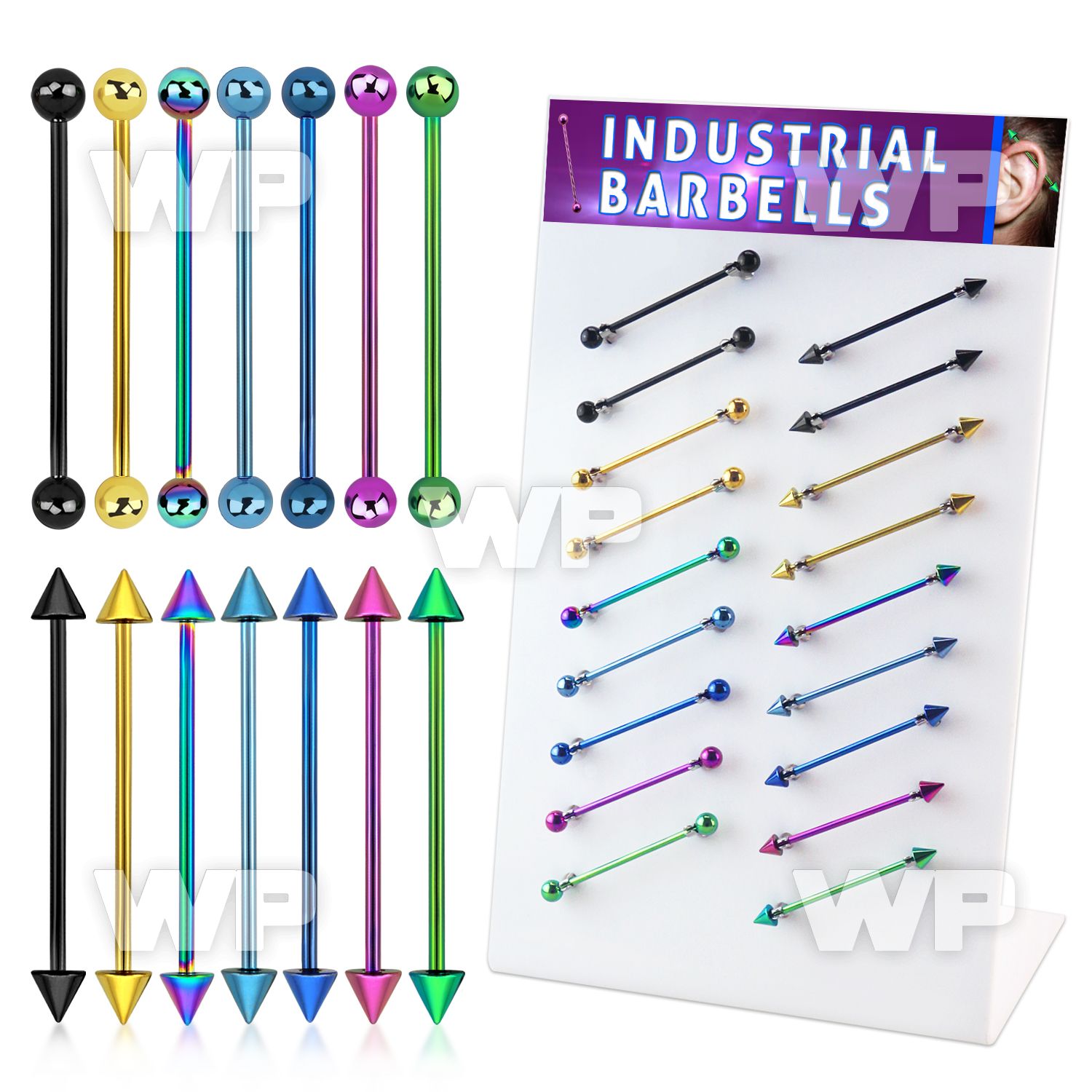 18u1e display with of ion plated 316l steel industrial barbells 