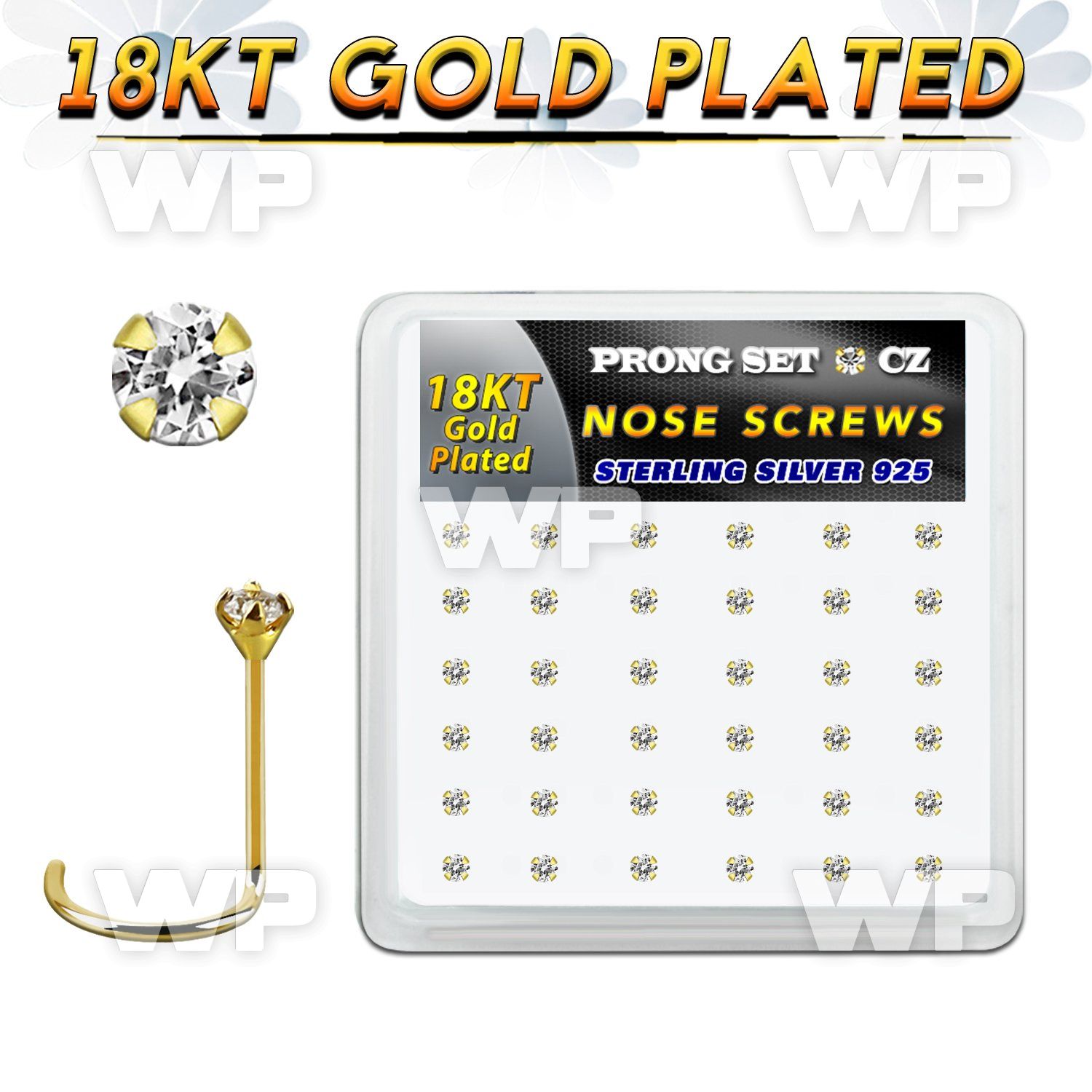 18wz2xc box 36 gold plated silver nose screws w set 2mm clear cz