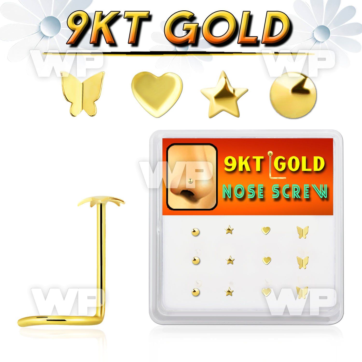 19i360 box w of 9kt gold nose screw mixed shaped tops star rou nose piercing