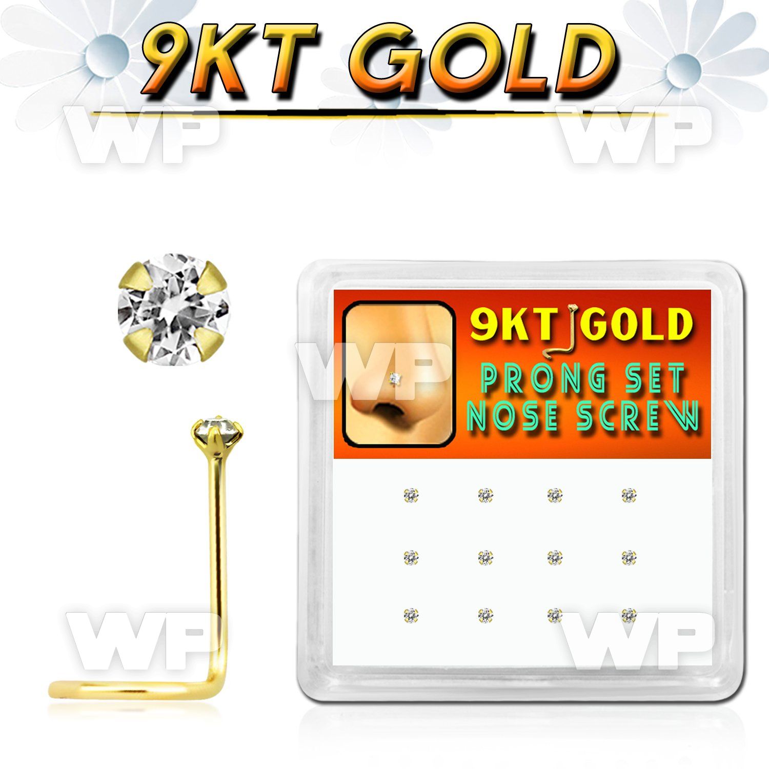 19i36e box w of 9k gold nose screw round 1 5mm clear prong set nose piercing