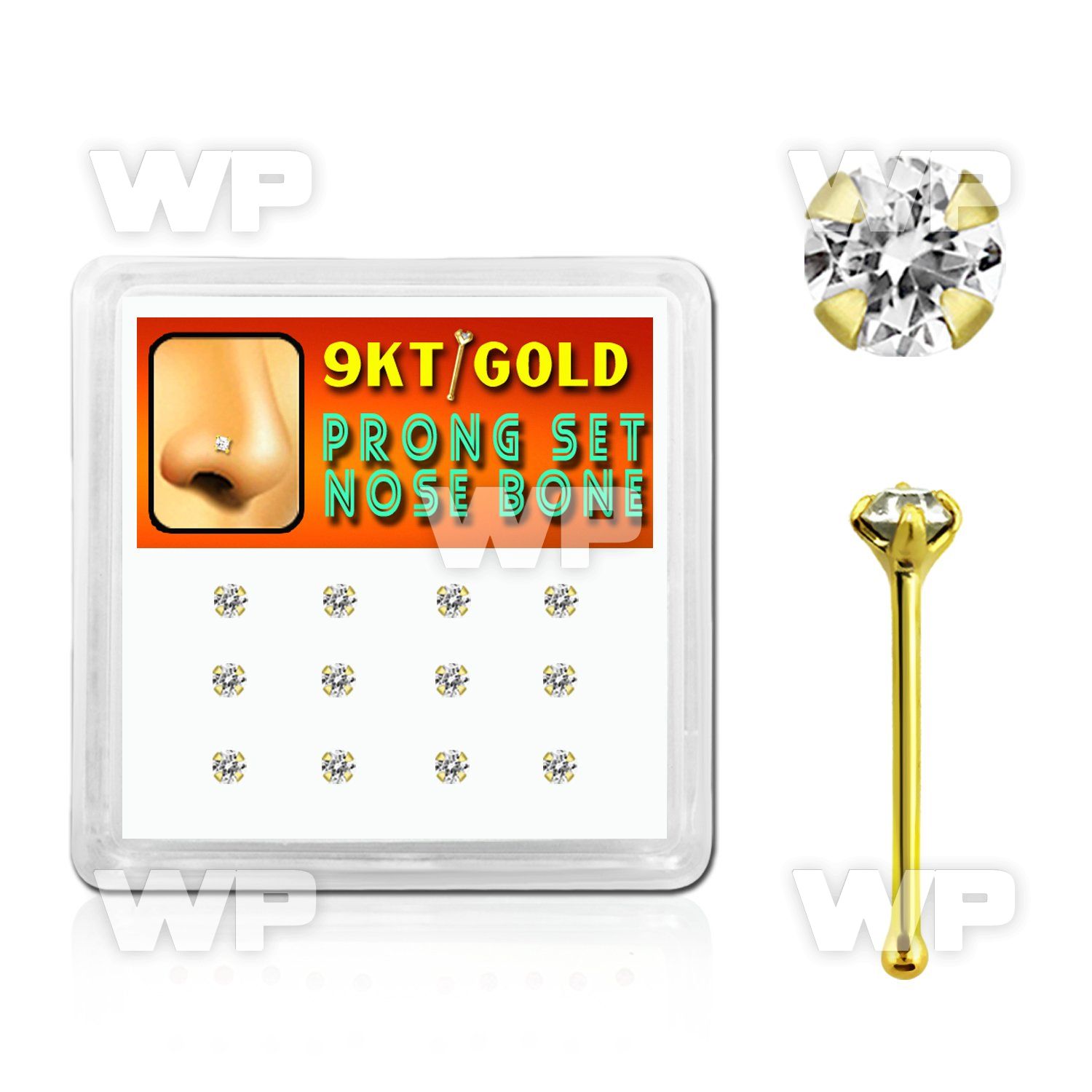 19iu4e9 box w of 9k gold nose bone round 2mm clear prong set cz nose piercing
