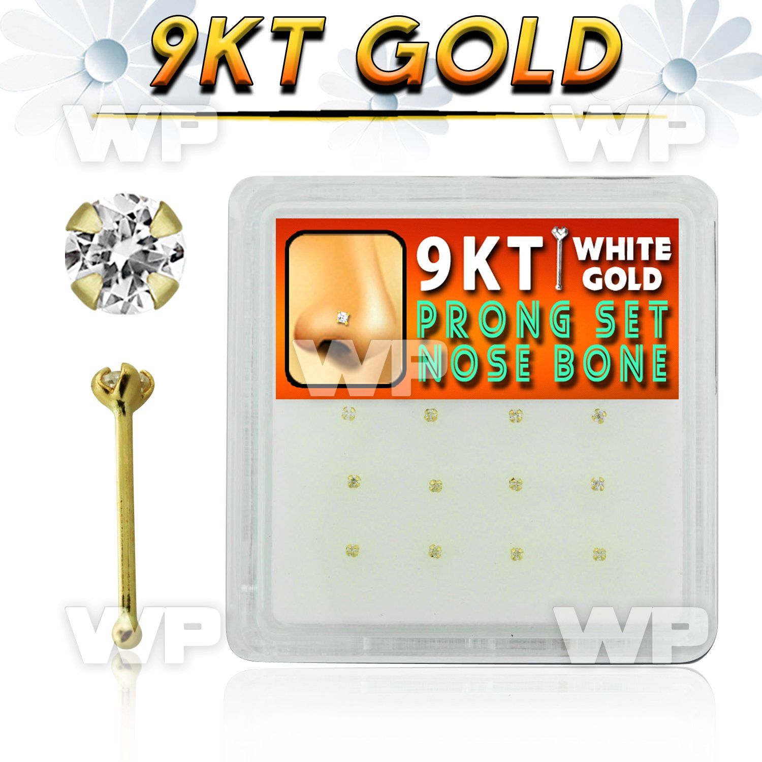 19iu4e box w of 9k gold nose bone 1 5mm round clear prong set nose piercing