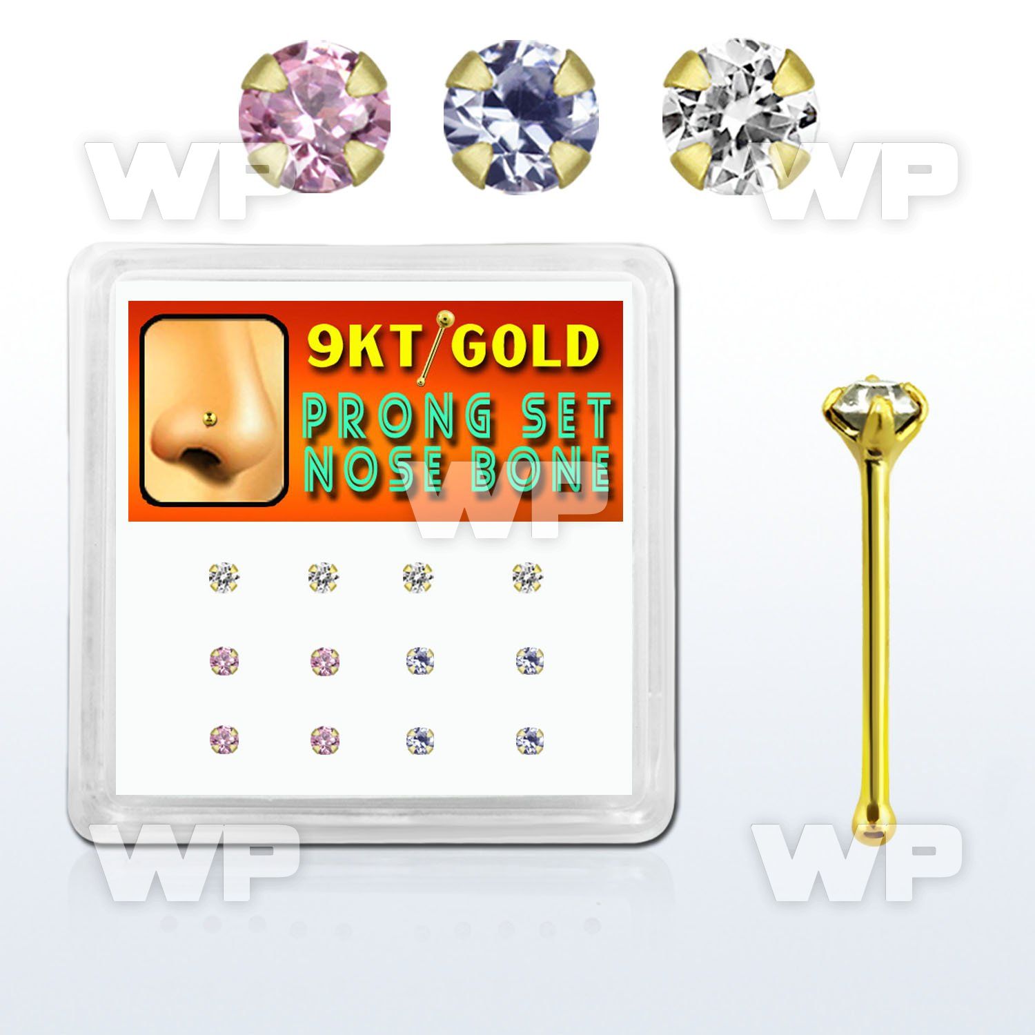 19iu4el box w of 9k gold nose bone round 2mm prong set cz stones nose piercing
