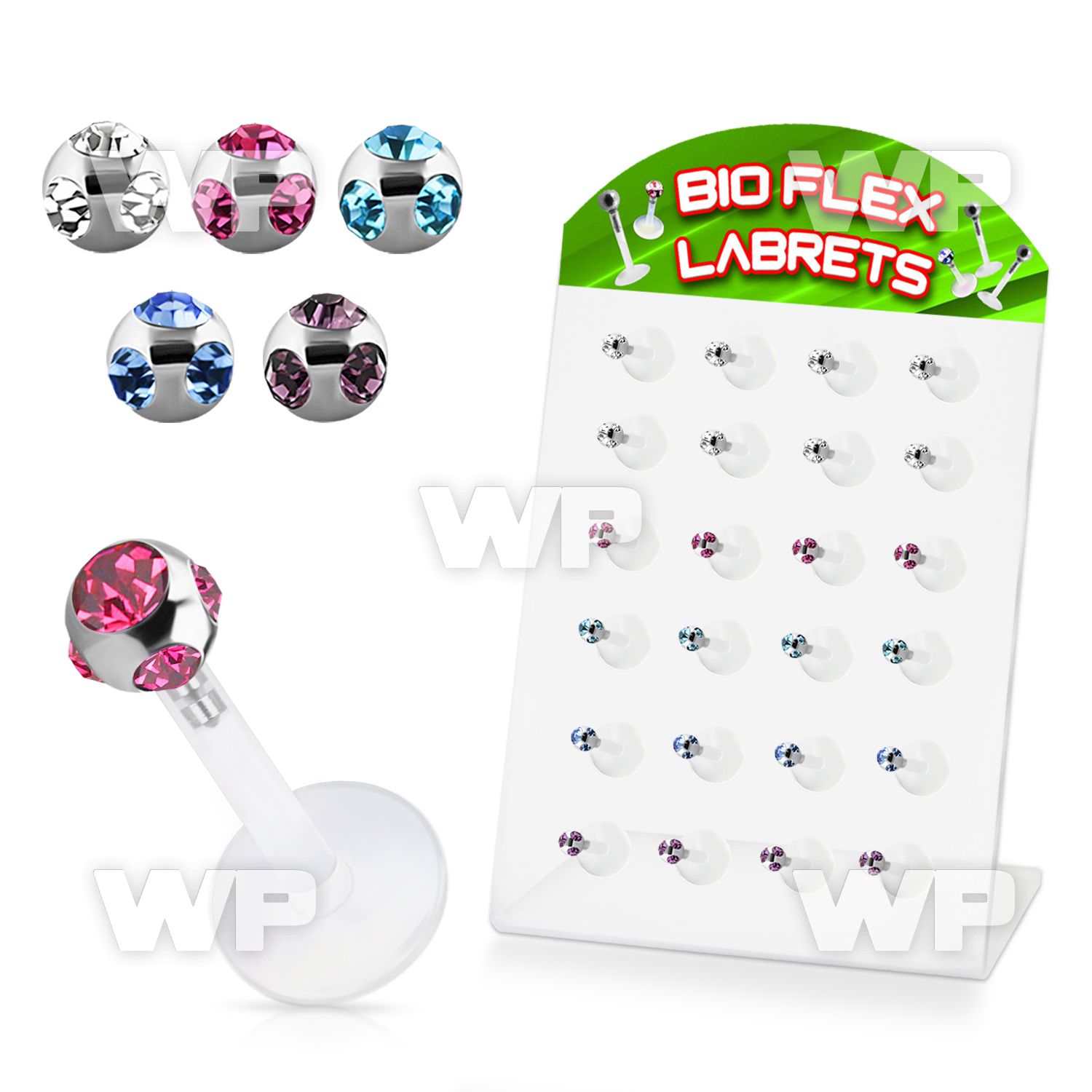 1b4867 display w bio flex labret 3mm multi jewel balls length lower lip piercing
