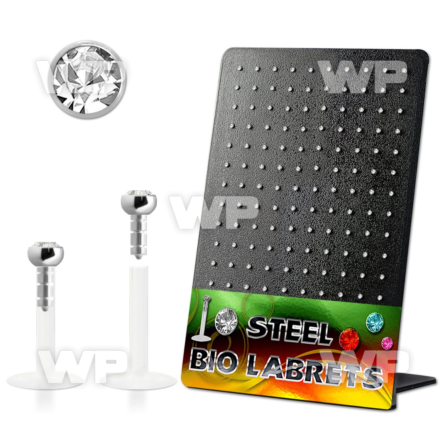 1b48c6 display w bio flex labrets 1 2mm push in 2mm flat crysta lower lip piercing