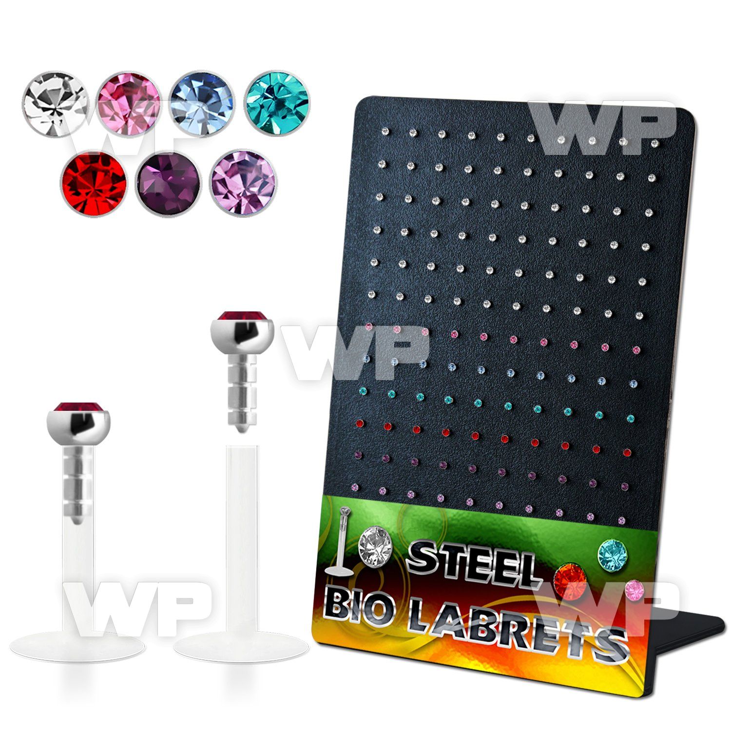 1b48cj display w bio flex labrets 1 2mm push in 2mm flat crysta lower lip piercing