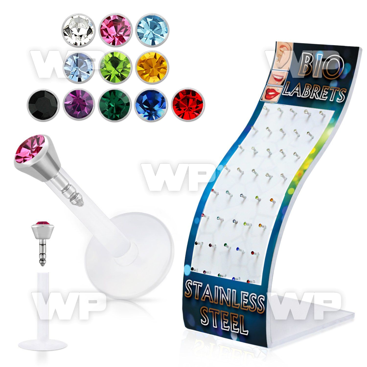 1b48cn display w of bio flex labrets 1 2mm 2 5mm flat crystal lower lip piercing