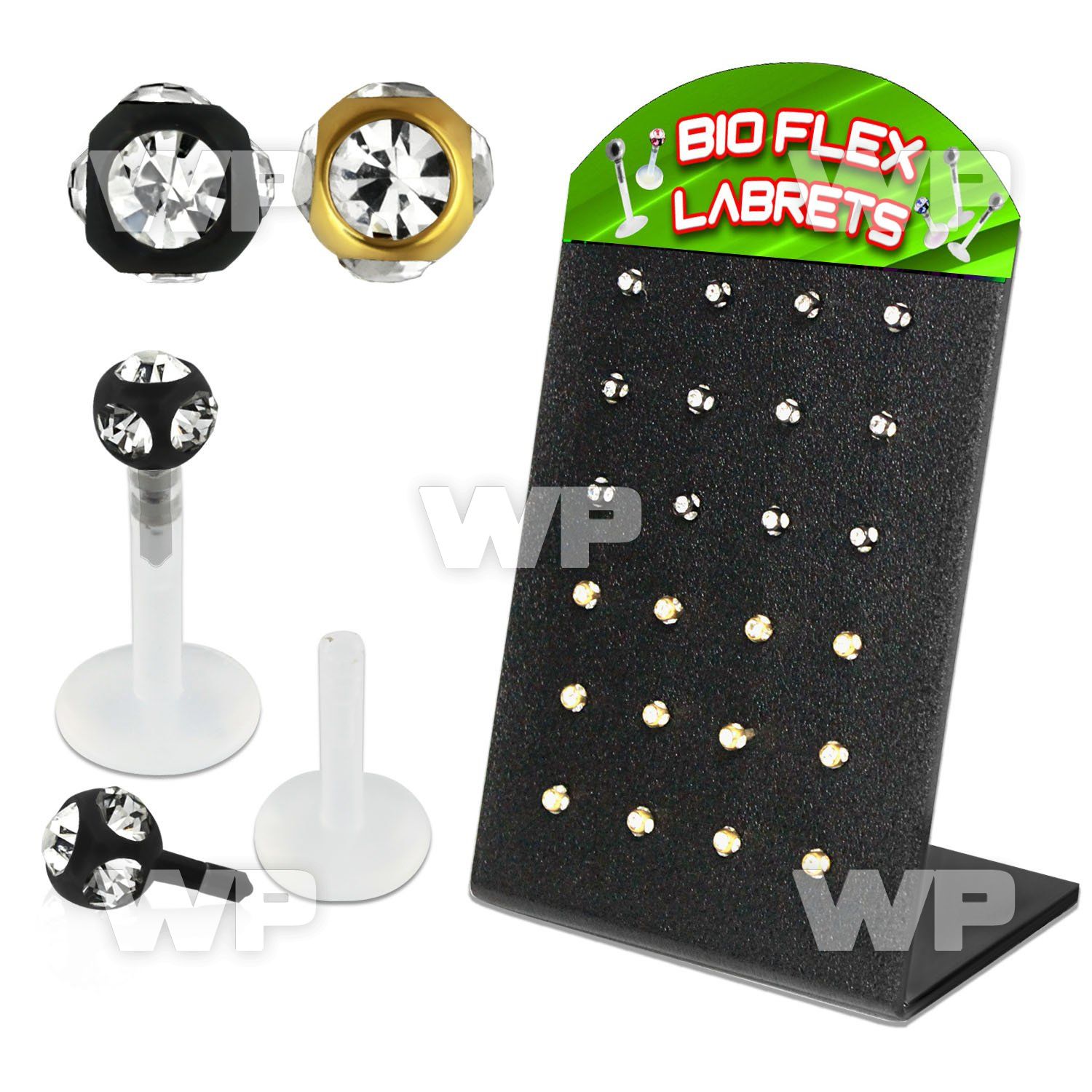 1b48r67 display w bio flex labrets 3mm ion plated multi jewel bal lower lip piercing