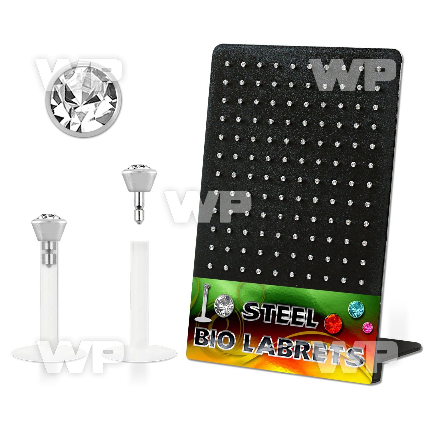 1b8cn6 display w bio flex labrets 1 2mm push in 2 5mm flat crys lower lip piercing