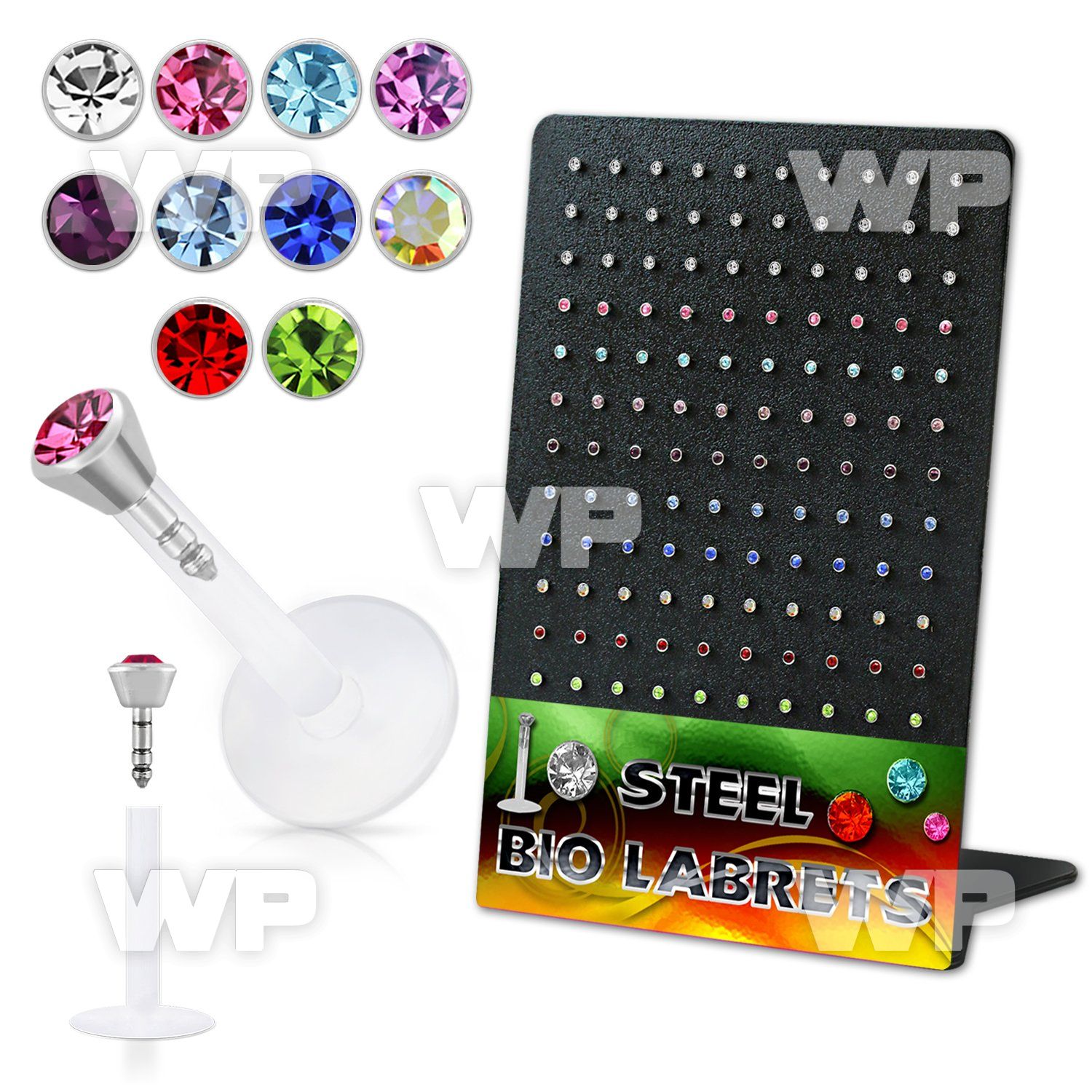 1b8cnj display w bio flex labrets 1 2mm push in 2 5mm flat crys lower lip piercing