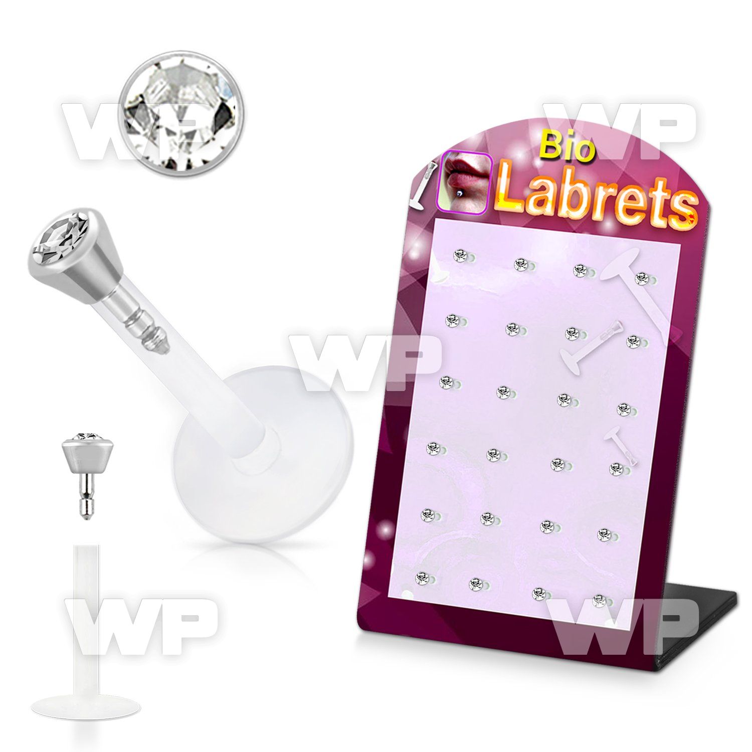 1bcne display w bio flex labrets 1 2mm push in 2 5mm flat clea lower lip piercing