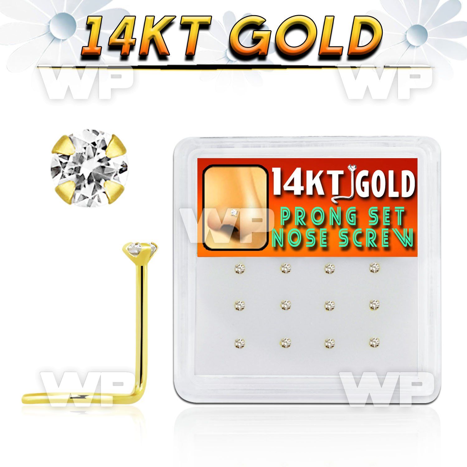 1i36el box w of solid 14k gold nose screw 2mm round prong set nose piercing