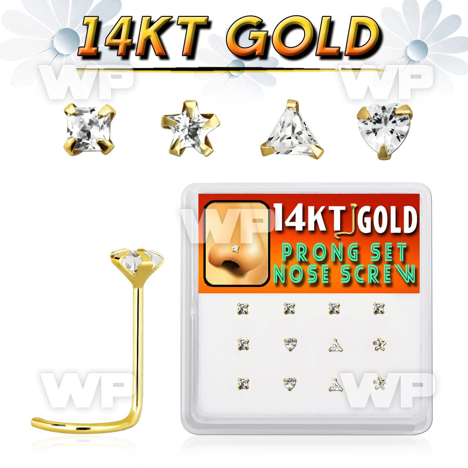 1i36z box w of 14kt gold nose screw 3mm prong set clear cz ston nose piercing