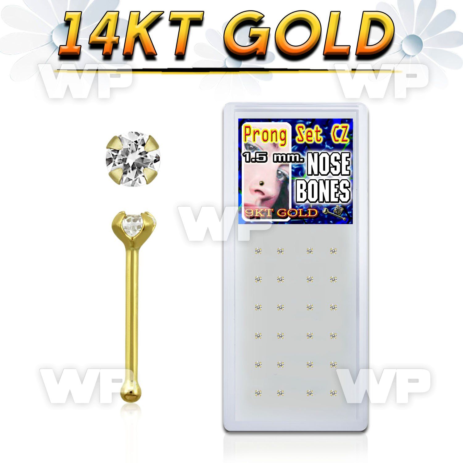 1i4g96 box w 9k gold nose bone 1 5mm clear prong set round cz nose piercing