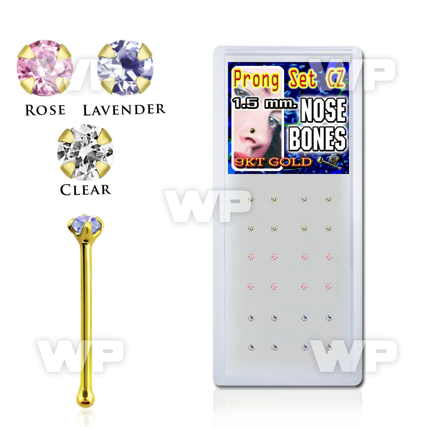 1i4g9j box w 9k gold nose bone 1 5mm prong set round cz stones nose piercing