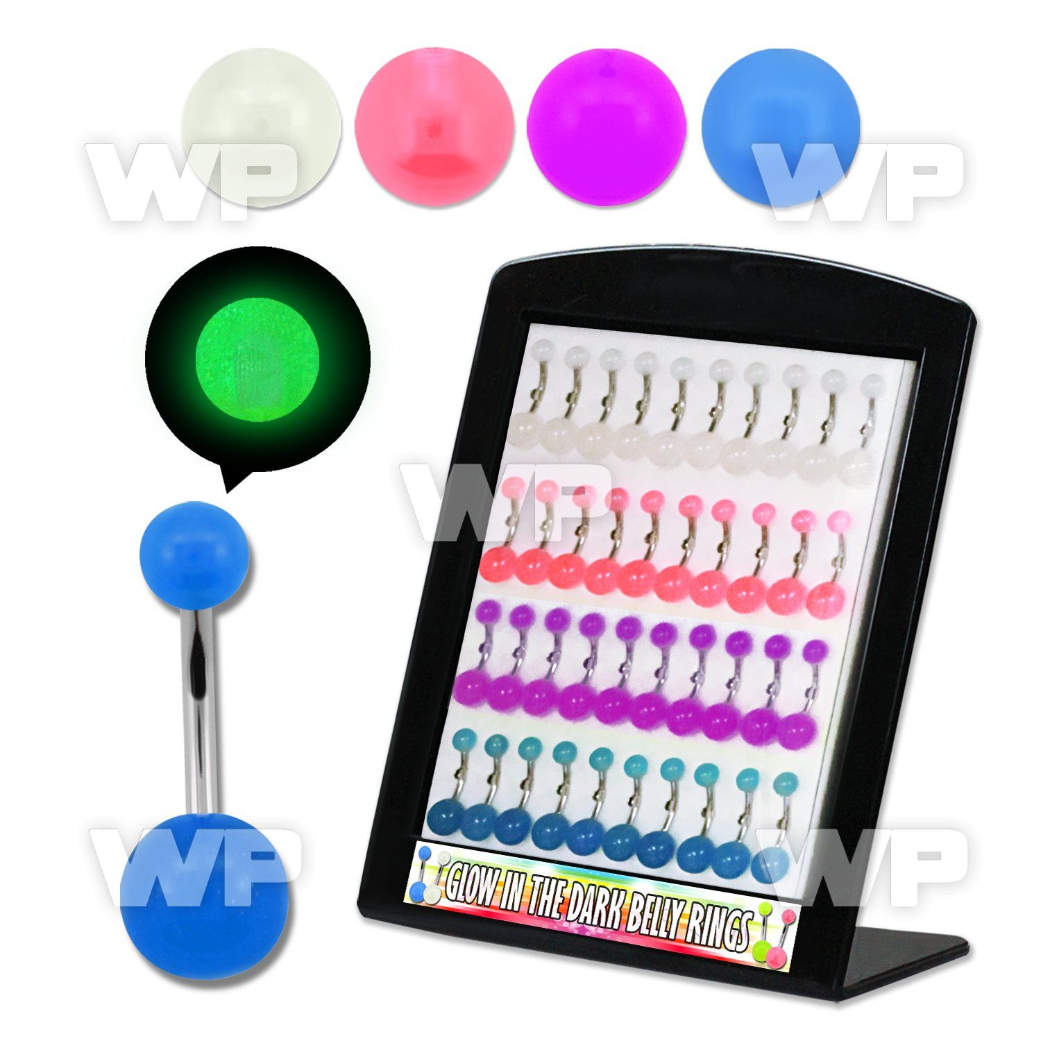 1j4u7s display w of steel belly bananas 1 6mm 5 8mm glow in belly piercing