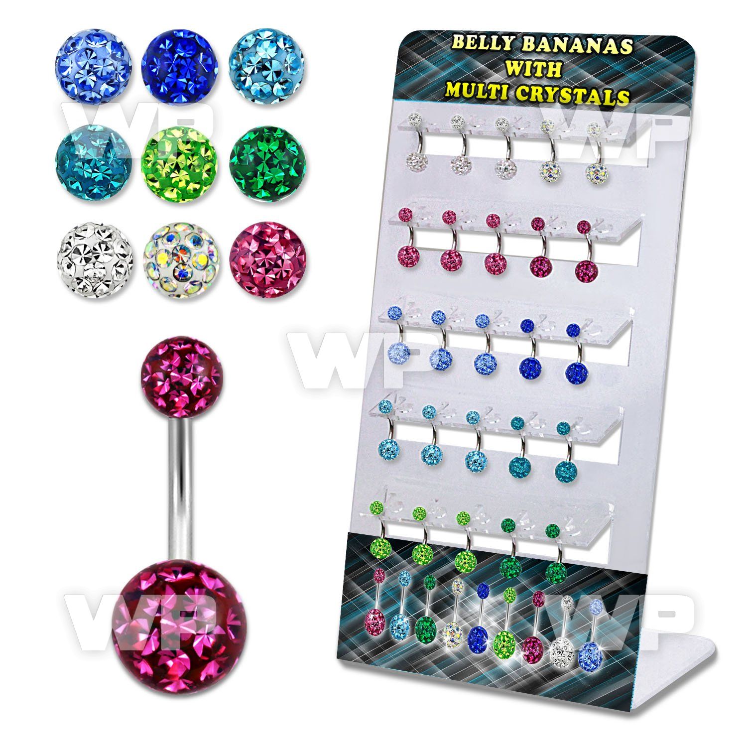 1j8f0 display w steel belly ring 5mm 8mm multi crystal ferido belly piercing