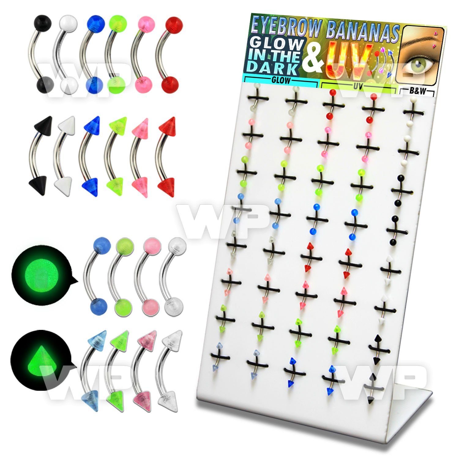 1jwnz display w of 316l steel micro banana w 3mm acrylic uv eyebrow piercing