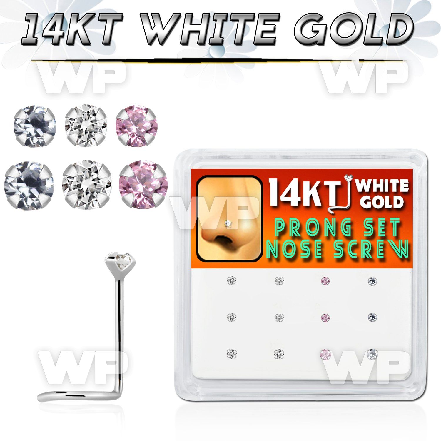 1o36ek box w of 14kt white gold nose screw 1 5mm 2mm prong set nose piercing