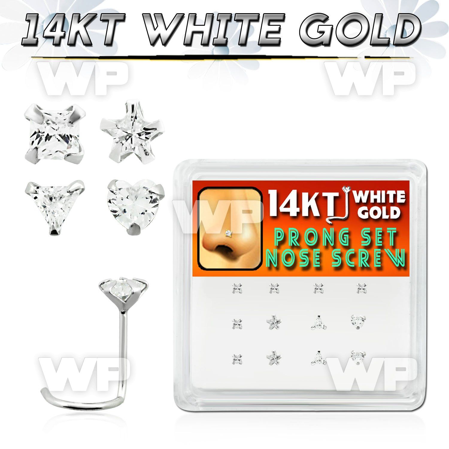 1o36l display box w of 14kt white gold nose screwclear prong nose piercing