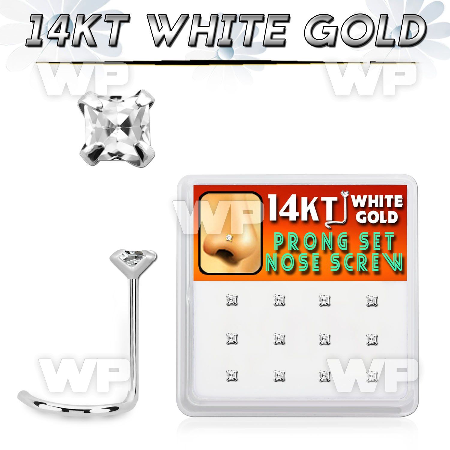 1o36y display box w of 14kt white gold nose screw clear 2mm squ nose piercing