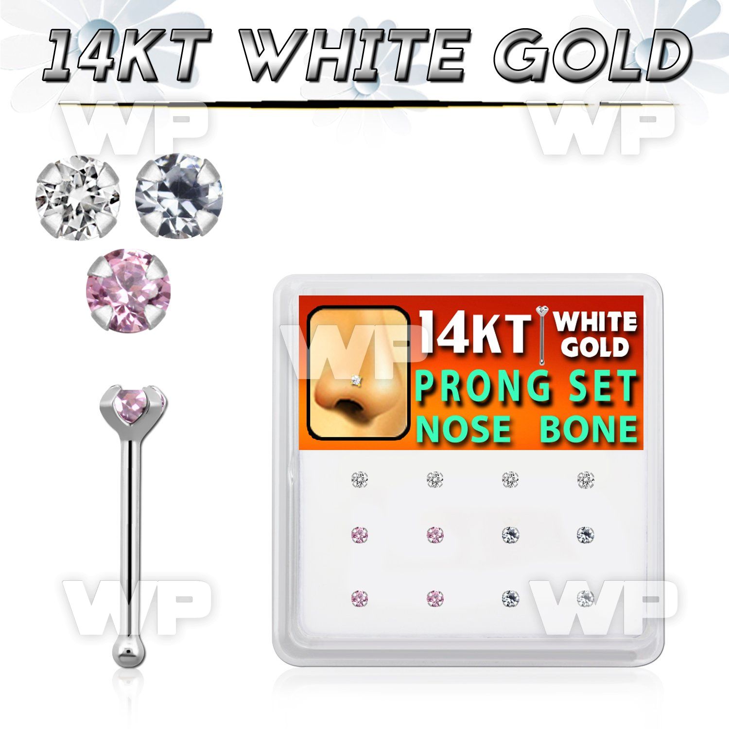 1ou4l display box w of 14kt white gold nose bone 1 5mm round nose piercing