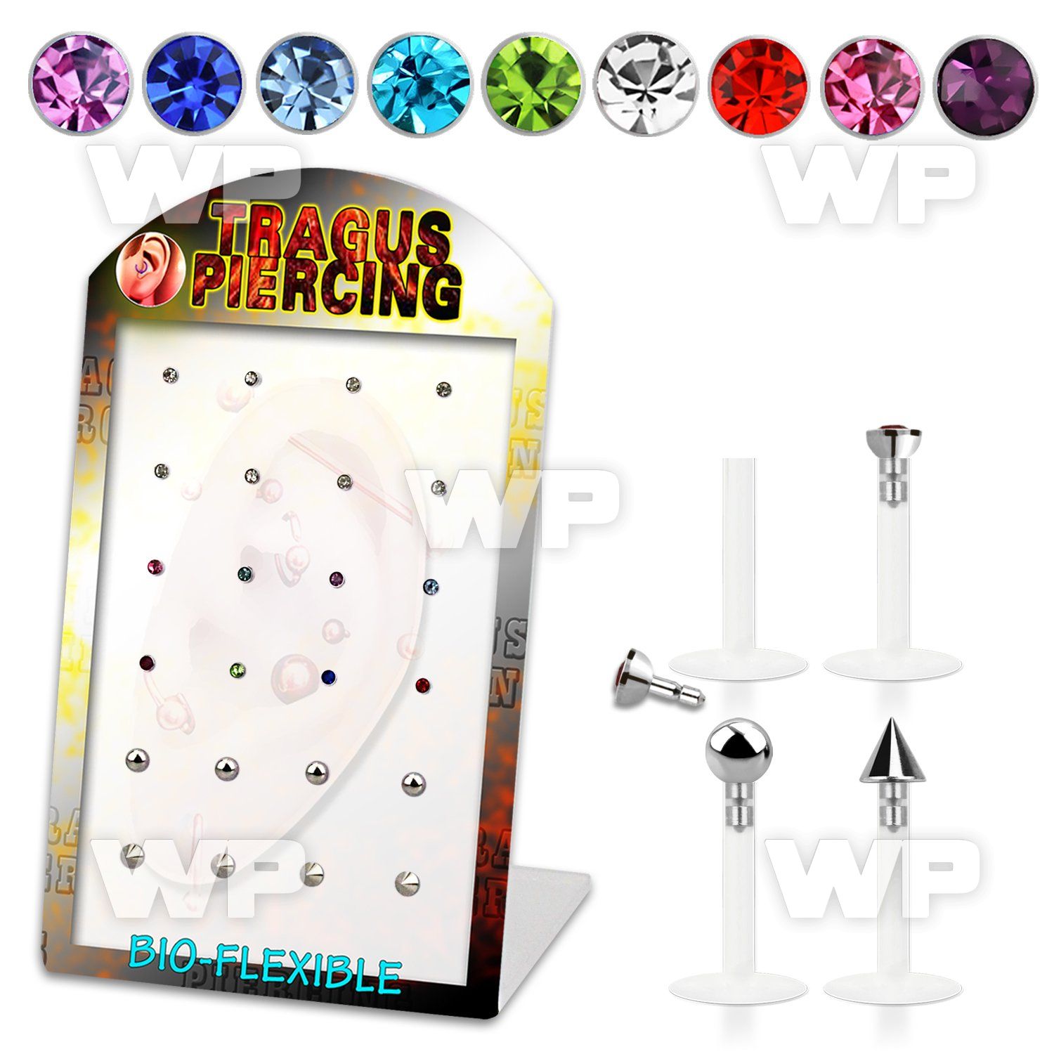 1rai0 display w bio flex labrets 1 2mm mixed cone ball 2 5m tragus piercing