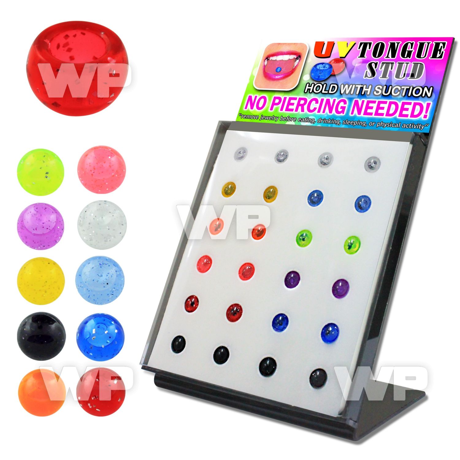 1ri3re display w fake acrylic uv tongue barbells belly piercing