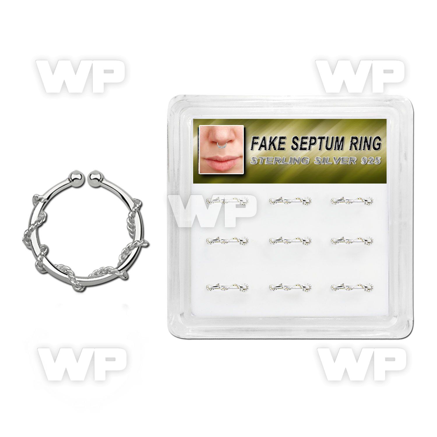 1u3jtl box w of silver fake septum rings w a thick rope wrapped septum piercing