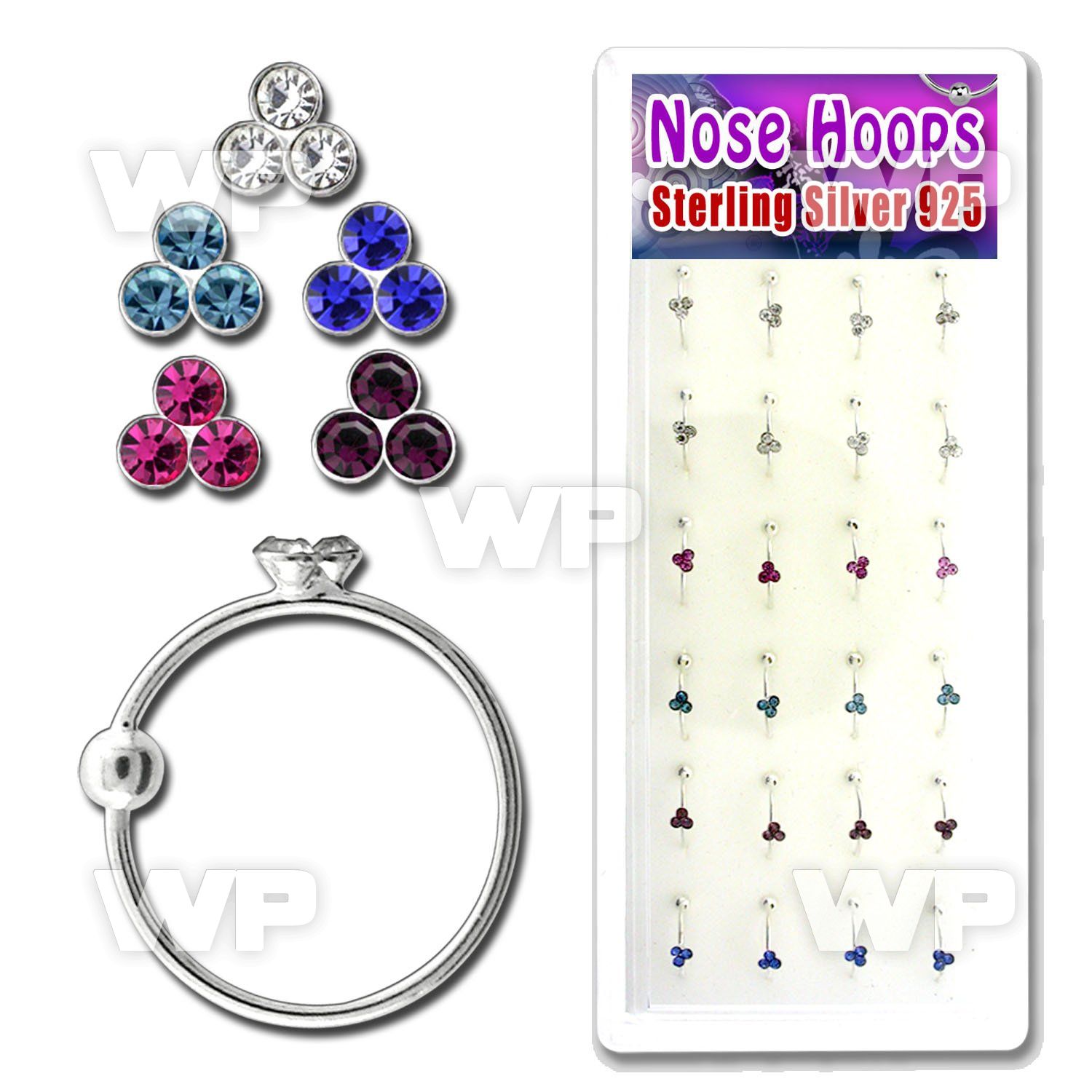 1u3raj box w silver 925 nose rings triple color crystal an outer nose piercing
