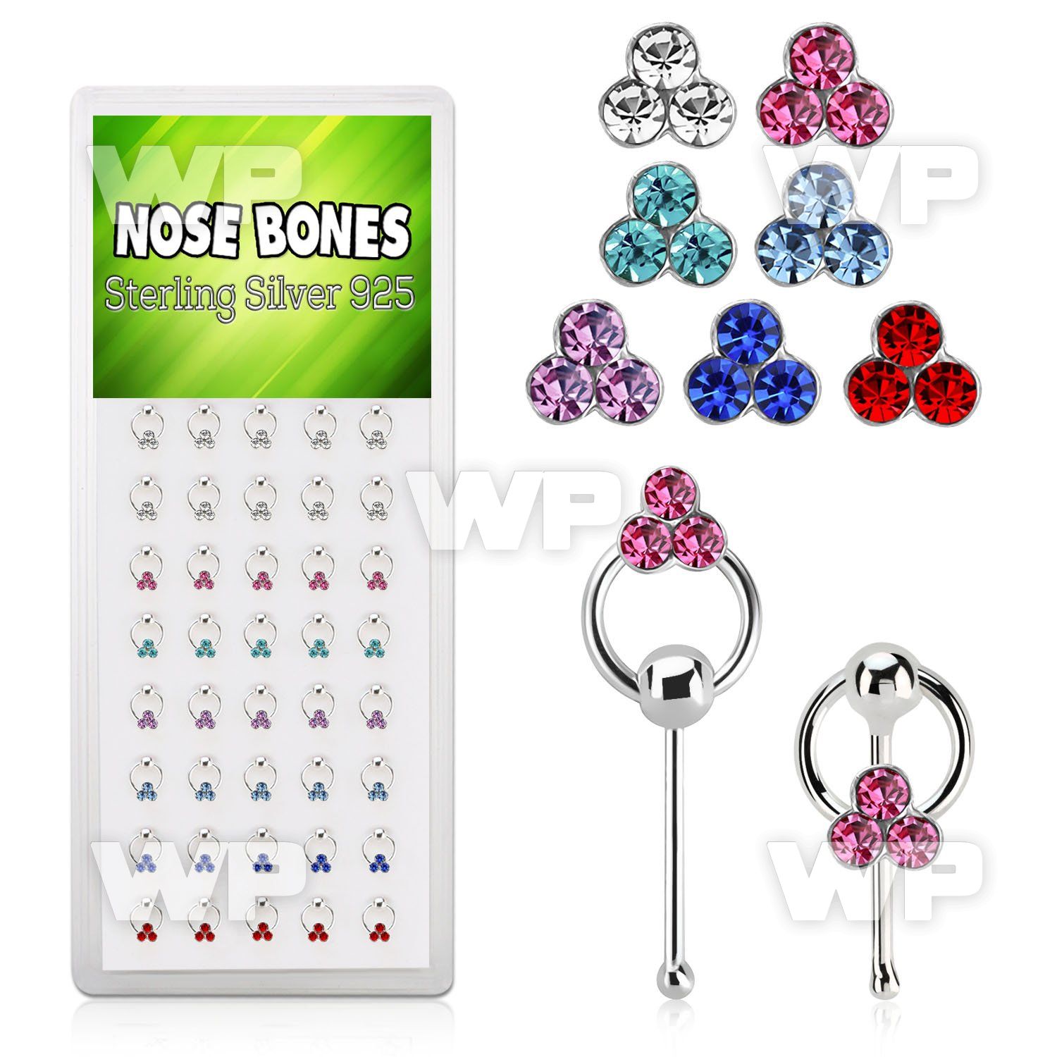 1u4aj0 box w silver nose bone round triple crystals in mixed nose piercing