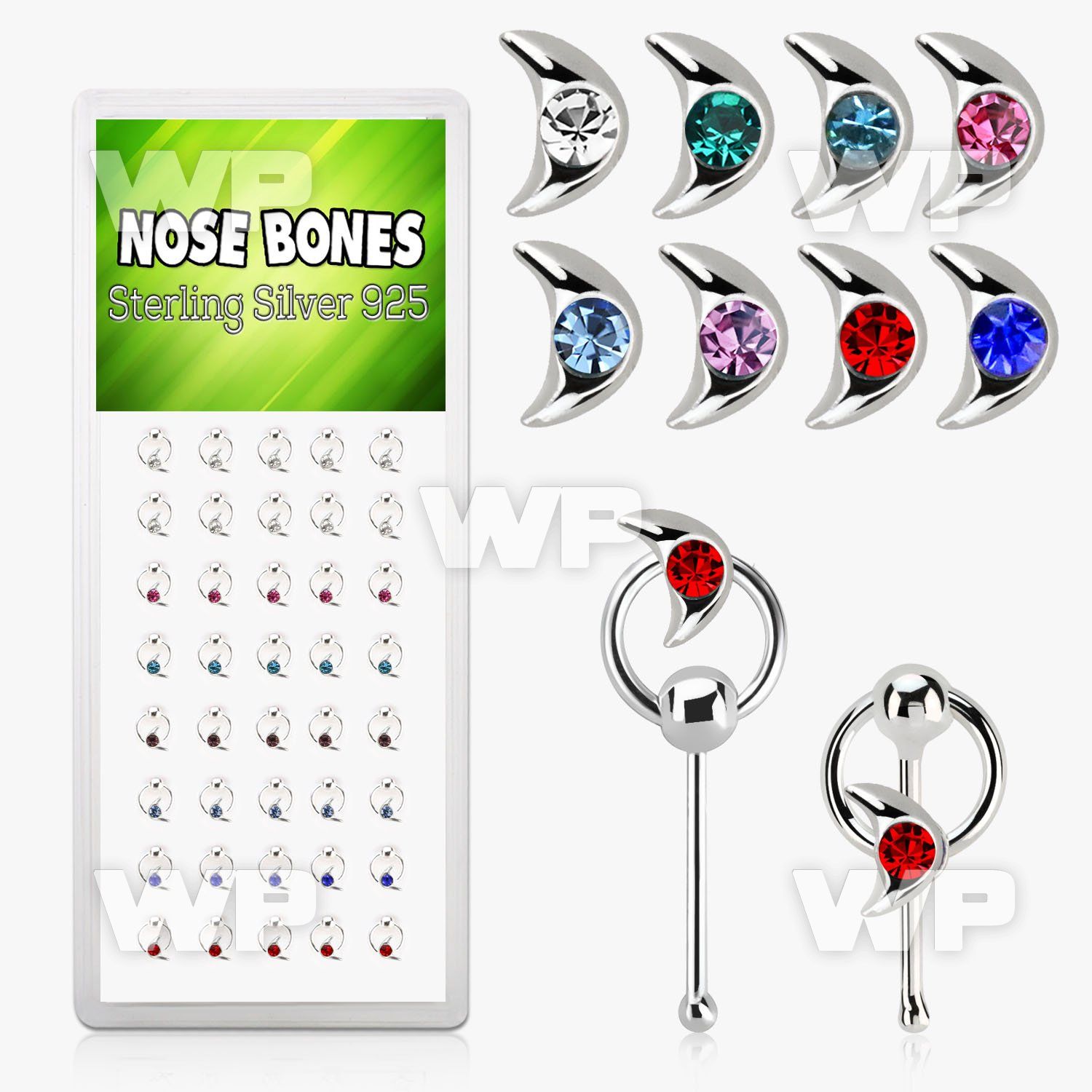 1u4ajk box w silver nose bone moon shape round center crystal nose piercing