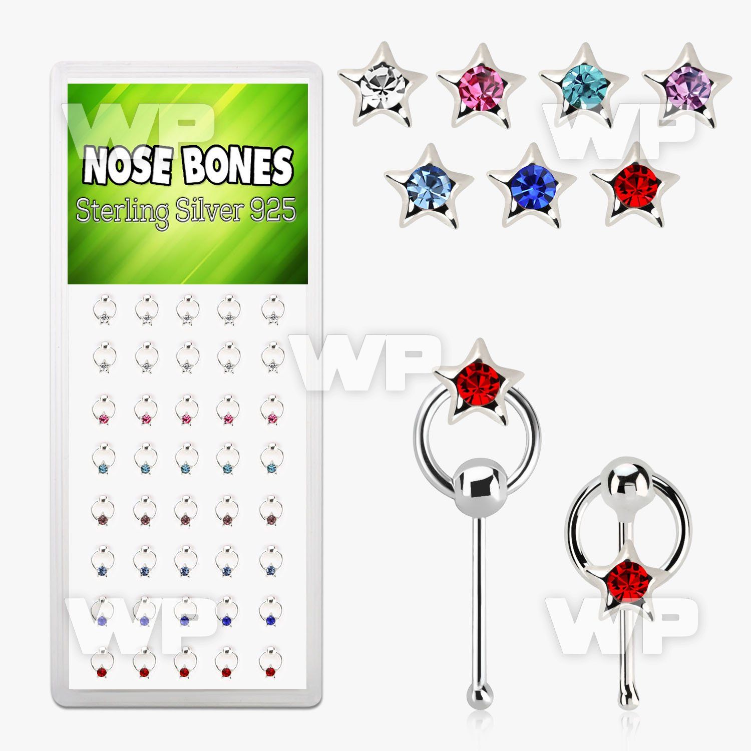 1u4ajz box w silver nose bone star shape round center crystal nose piercing