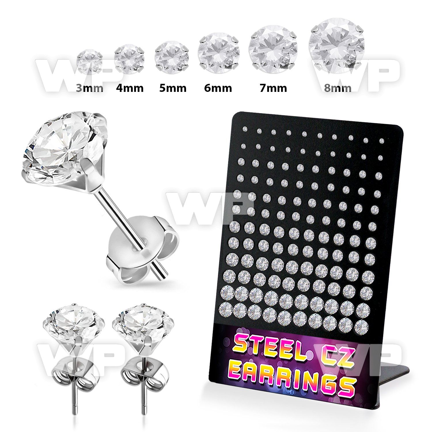 1w3gai steel ear studs claw set 3mm to 8mm cz 60