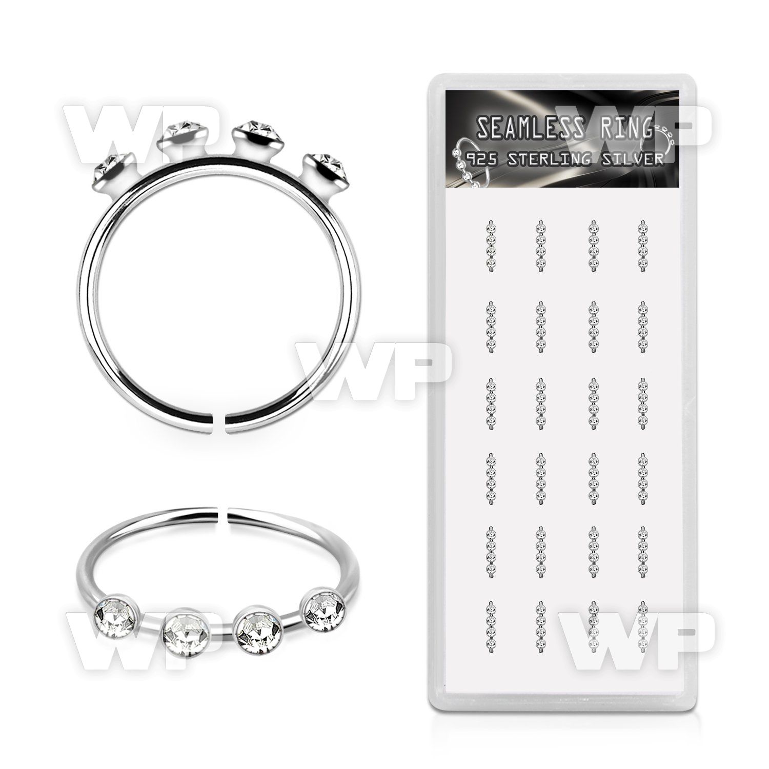 1xj496 box w silver seamless nose hoop w 4 clear 1.5mm crystals 