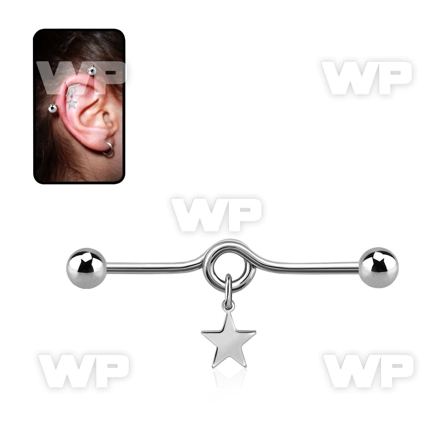 316l steel industrial loop barbell w dangling steel star