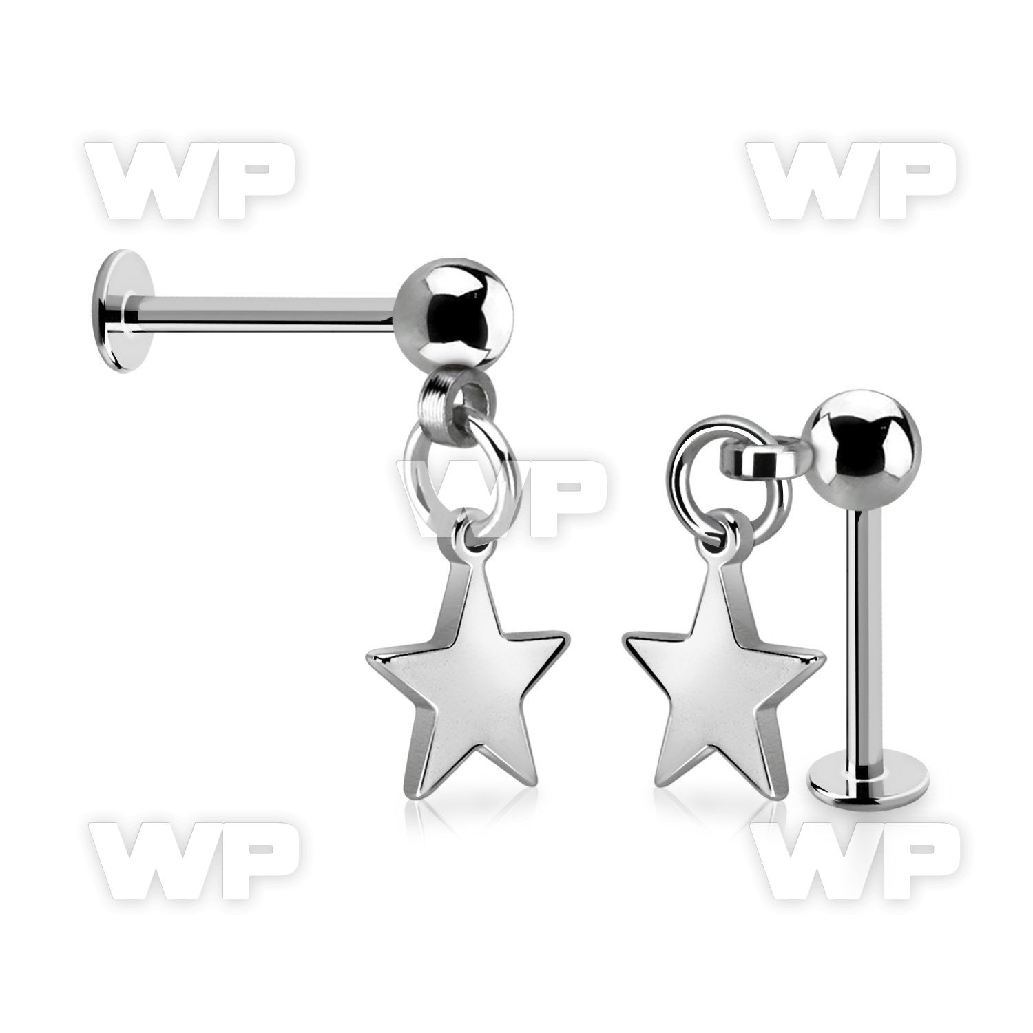 316l steel labret w a 4mm ball & a dangling steel star
