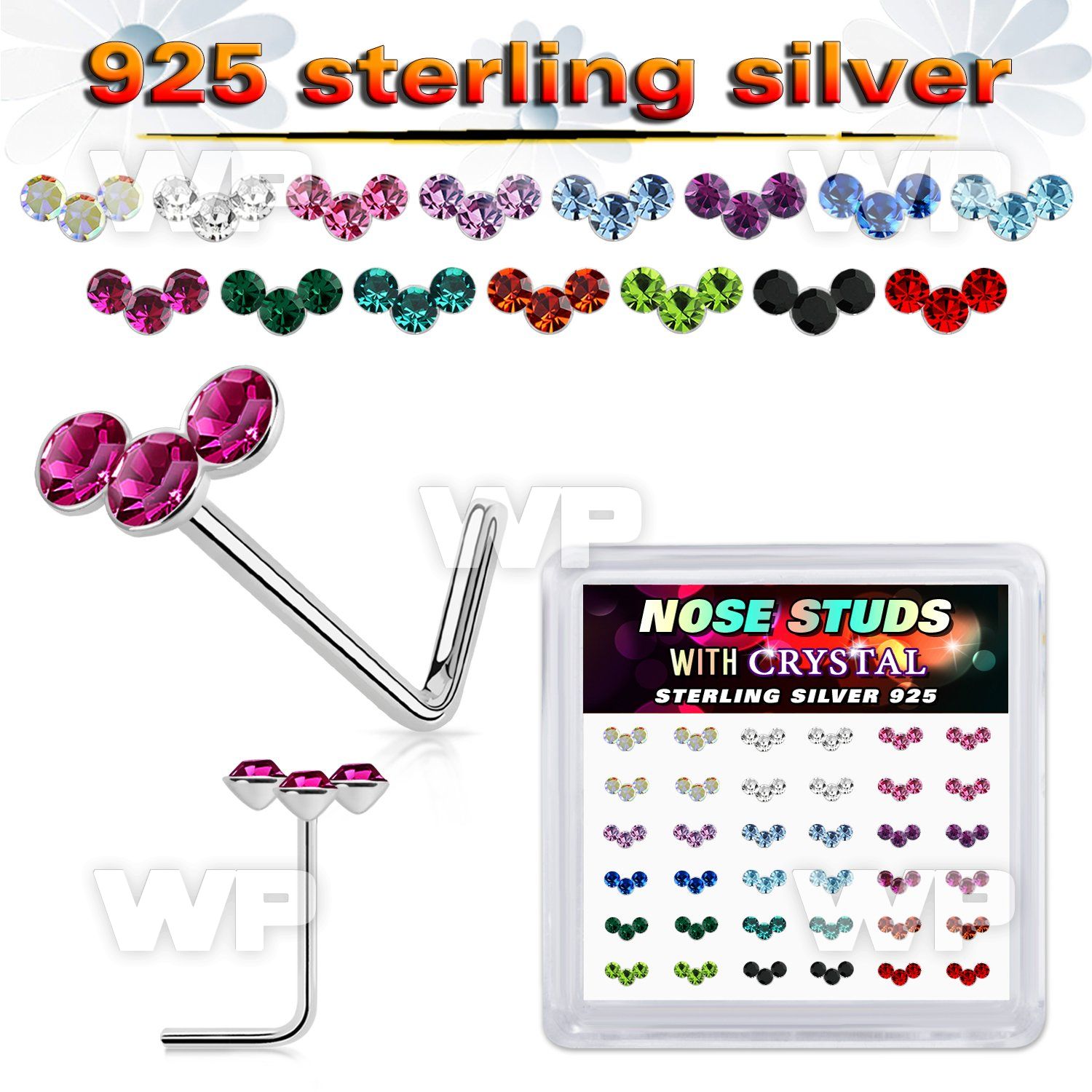 3f6h4jzy silver l shaped nose pins 22g crystals colors 36