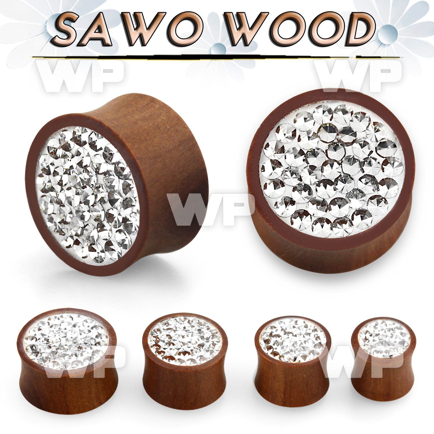 3mjda sawo wood solid double flare plug clear ferido glued mult ear lobe piercing