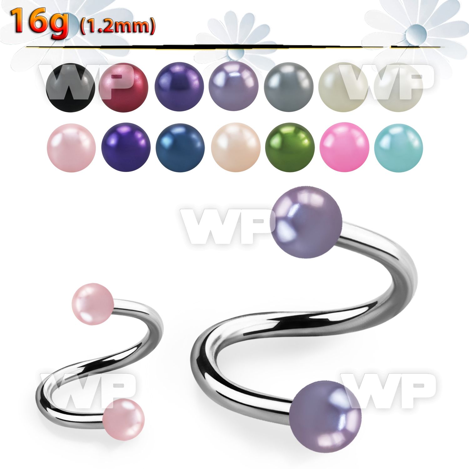 3mwma surgical steel eyebrow spiral 1 2mm 3mm faux pearl ball eyebrow piercing