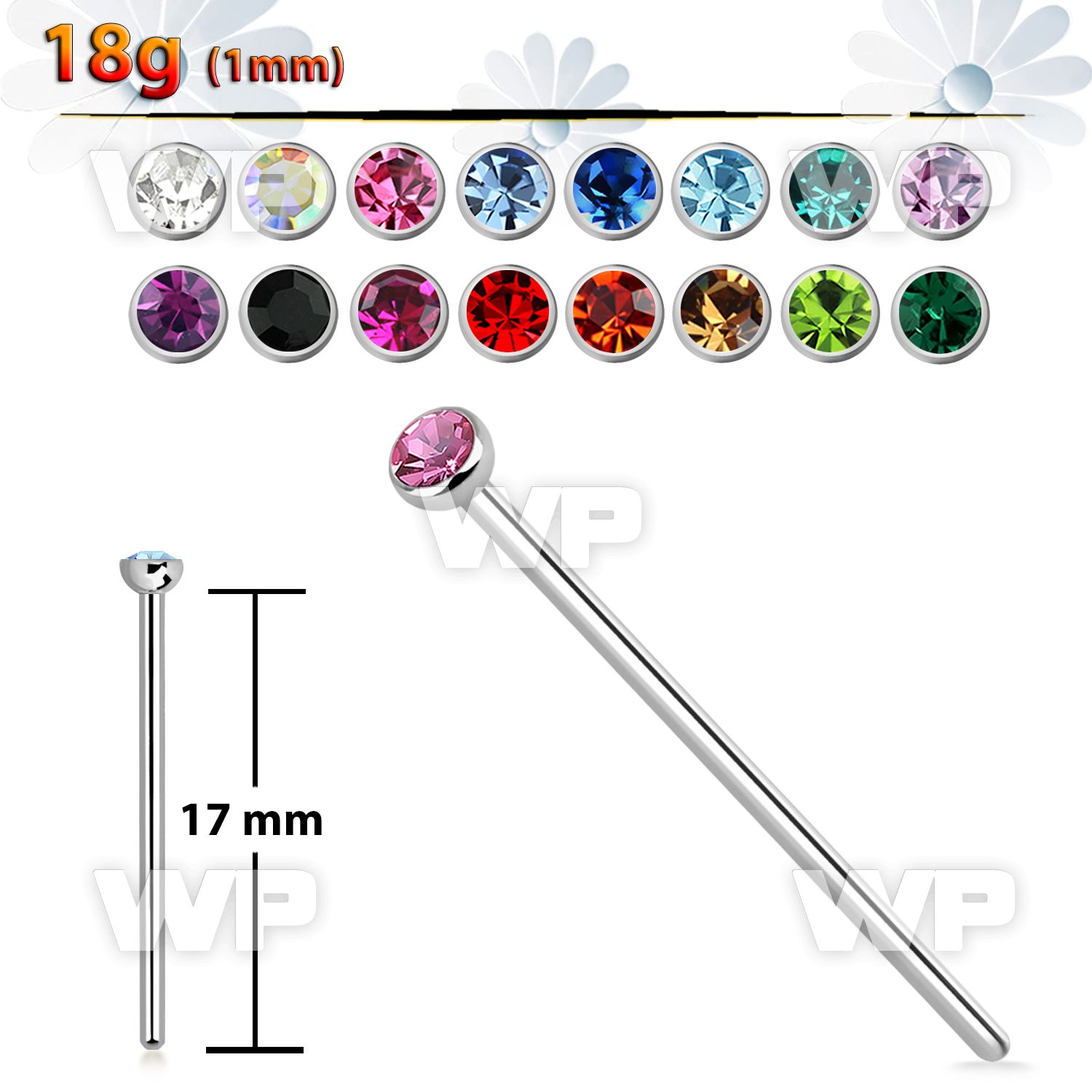 3u3et surgical steel bend it nose stud 1mm 2mm round crystal 