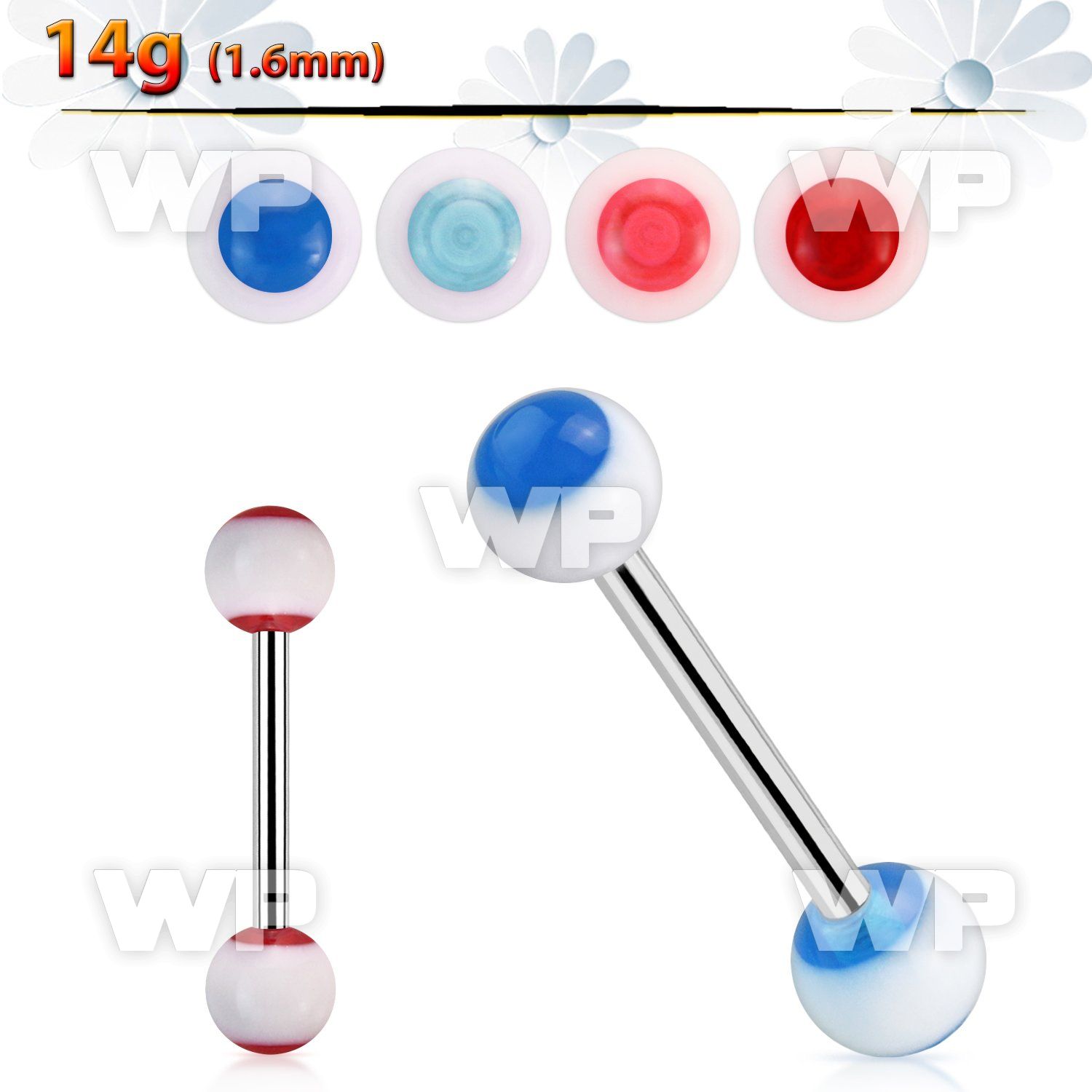 441fb surgical steel tongue bar 1 6mm 6mm white acrylic ball tongue piercing