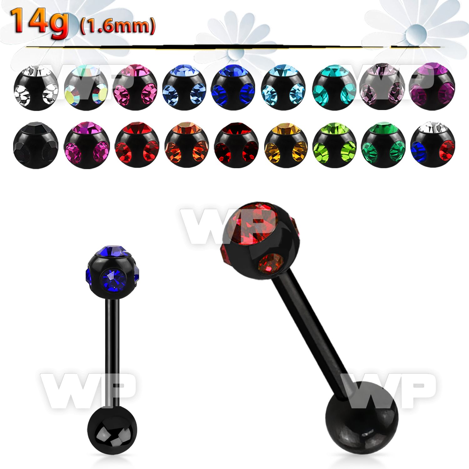 4426z black surgical steel tongue bar 1 6mm 6mm multi jewel tongue piercing