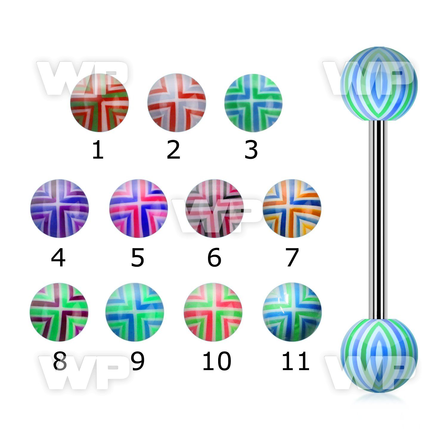 44764 surgical steel tongue bar 1 6mm 6mm cross striped acryli nipple piercing