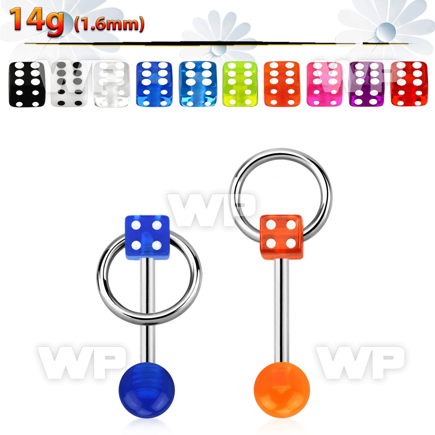 44hq183b surgical steel tongue bar 1 6mm top 5mm acrylic uv dices tongue piercing