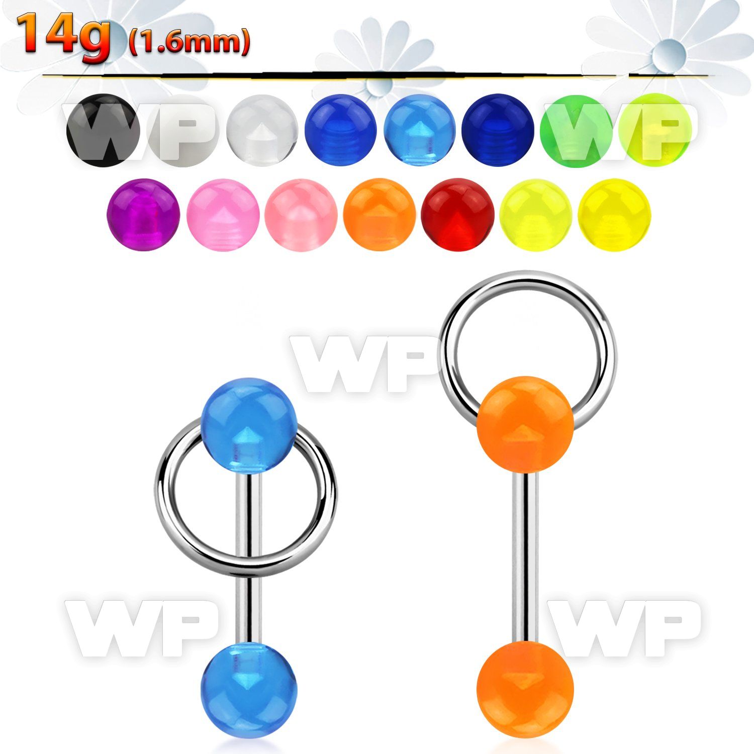 44hq3b surgical steel tongue bar 1 6mm top 6mm acrylic uv ball tongue piercing