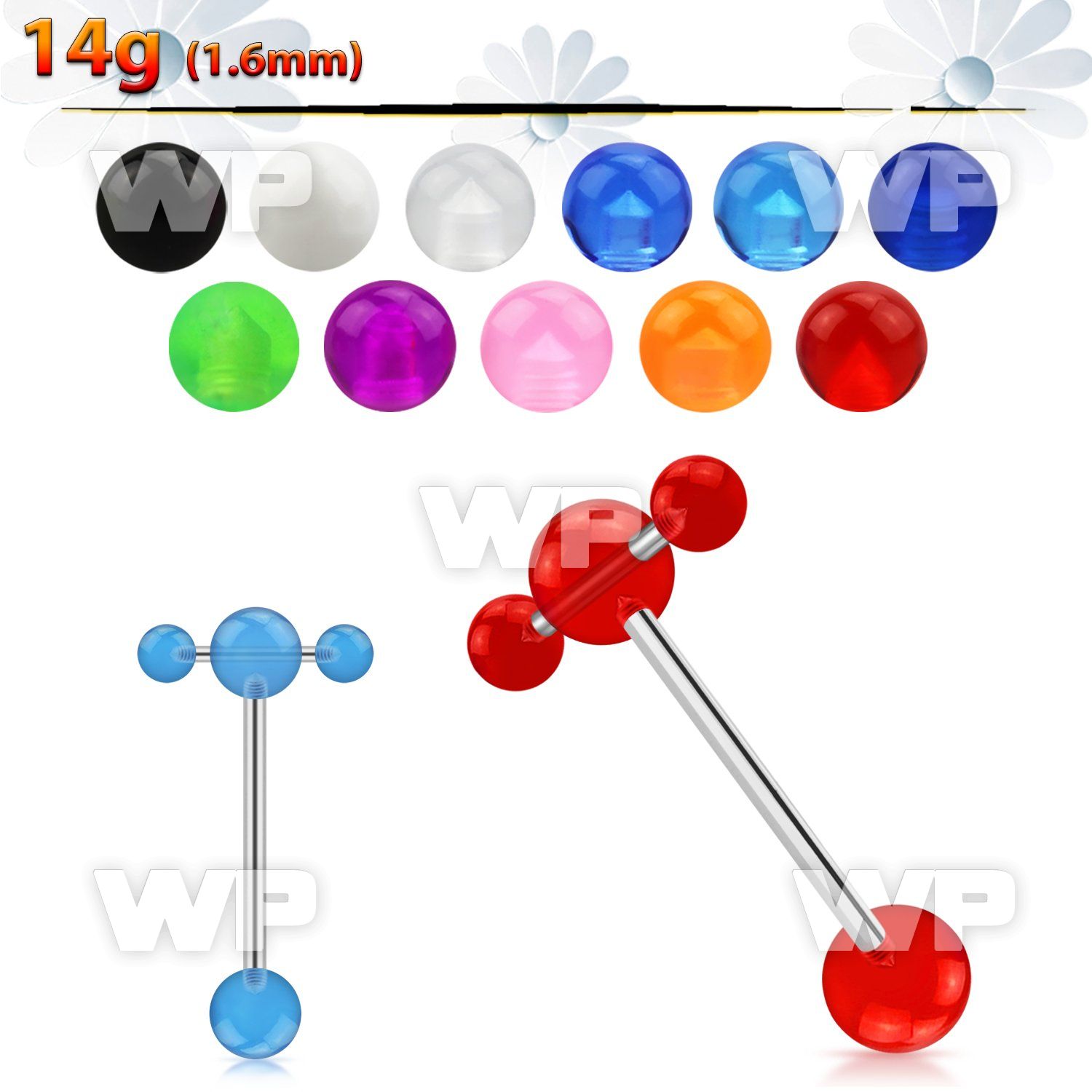 44hq3mu surgical steel tongue bar 1 6mm top 6mm acrylic uv ball tongue piercing