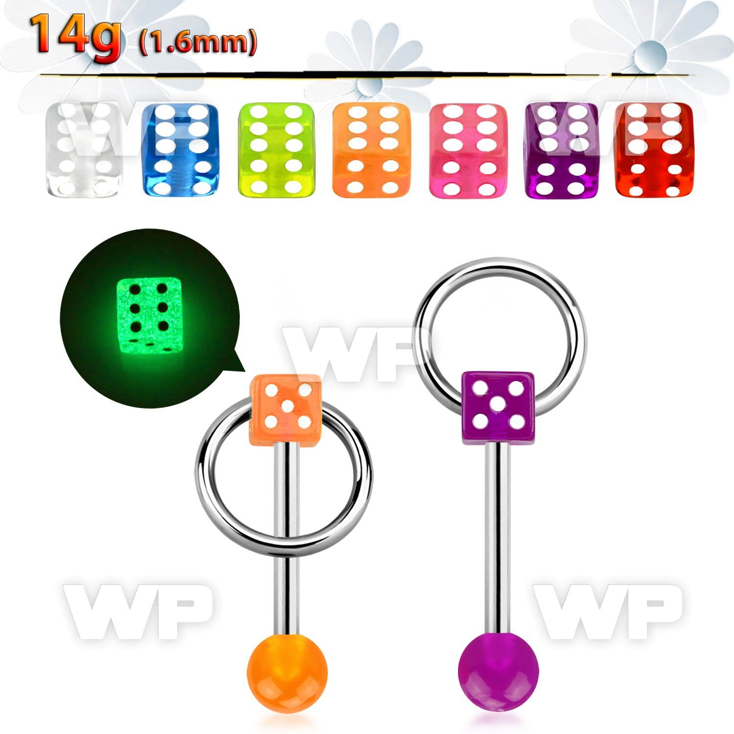 44ib183b surgical steel tongue bar 1 6mm top 5mm acrylic glow in tongue piercing