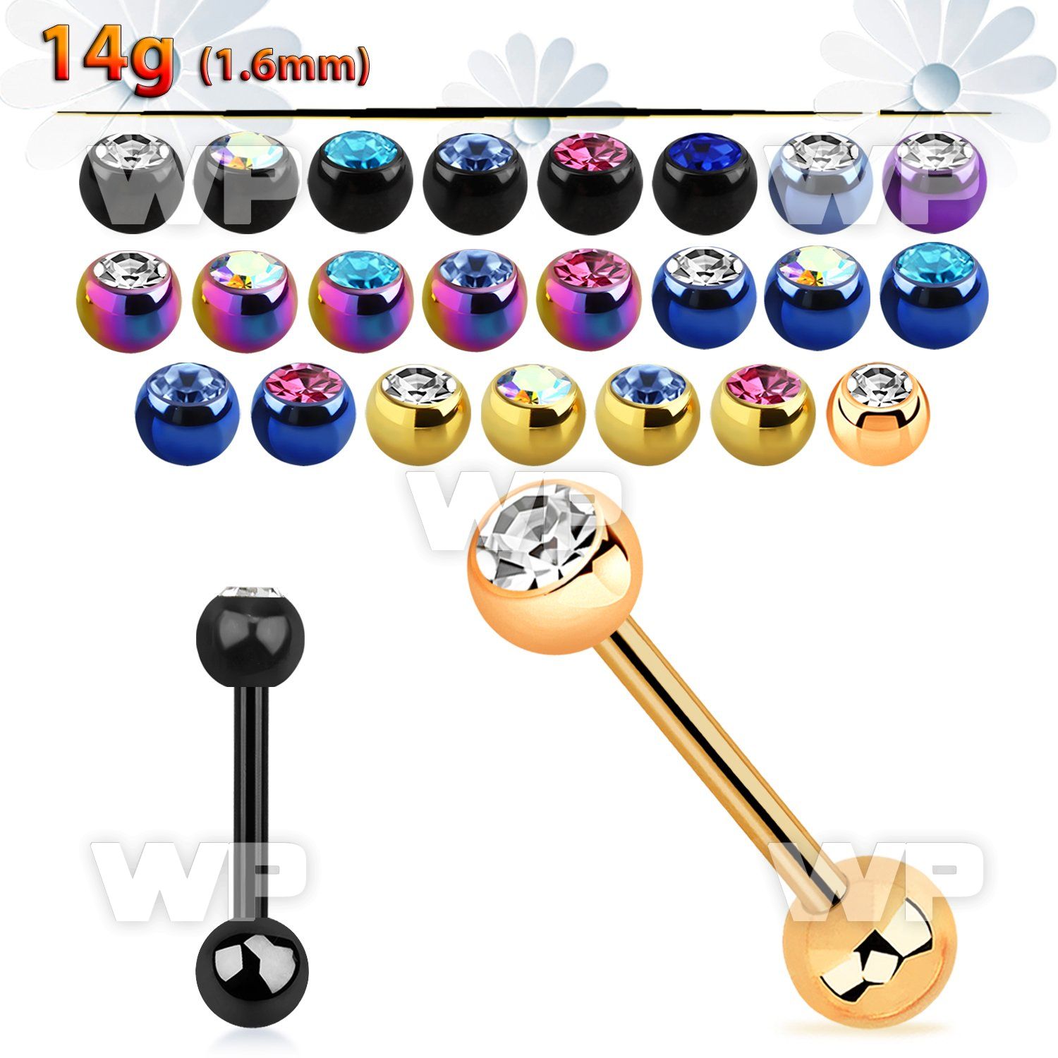 44r6 ion plated surgical steel tongue bar 1 6mm top 6mm jewel tongue piercing